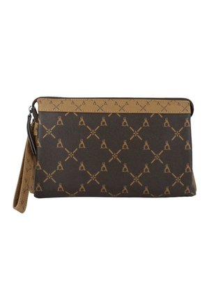 Borsellino da polso marrone con rifinitura superiore e cinturino color cuoio, decorato con motivi geometrici ripetuti e piccole figure.