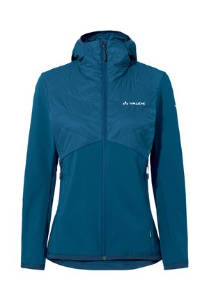 Blaue Softshell-Jacke mit Kapuze, vorderem Reißverschluss und zwei Reißverschlusstaschen, mit dem Vaude-Logo auf der Brust.