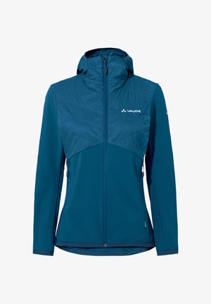 Blauwe softshell jas met capuchon, voorzien van een ritssluiting aan de voorkant en twee zakken met rits, met het Vaude-logo op de borst.