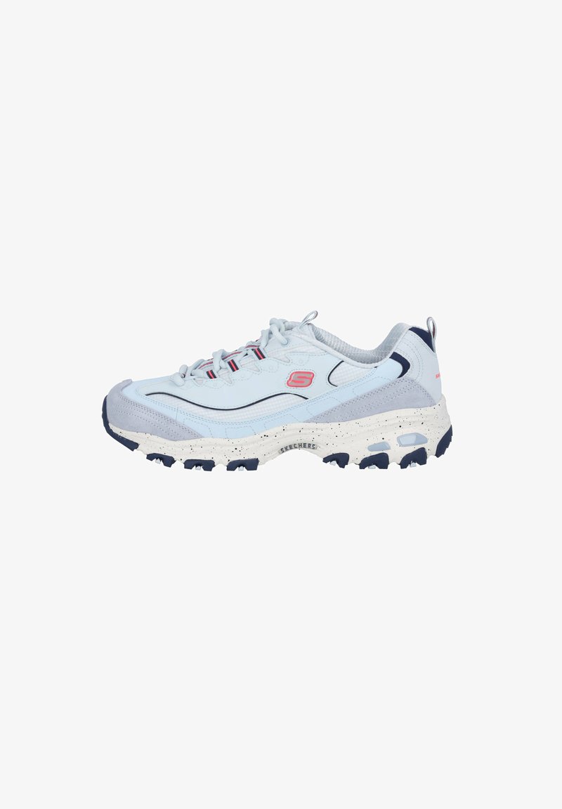 Light blue athletic sneakers with grey and navy accents, textured upper, lace closure, and white speckled midsole. Features logo detail.