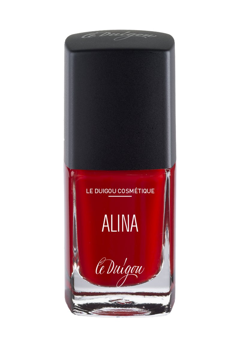 Roter Nagellack in einer quadratischen Glasflasche mit schwarzem Deckel. Auf der Vorderseite sind "ALINA" und "le Duigou Cosmétique" in Weiß aufgedruckt.