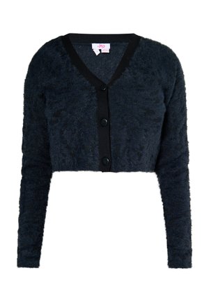 Schwarzer kurzer flauschiger Cardigan mit langen Ärmeln, V-Ausschnitt und drei Knöpfen vorne.