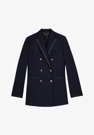Marineblå, dobbeltradet blazer i vævet stof med satin detaljer, guldknapper og brystlomme; har en markant revers og en skræddersyet pasform.