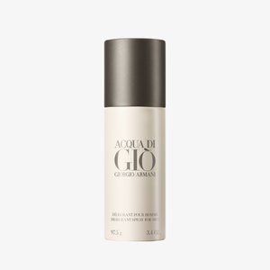 Giorgio Armani Acqua di Gio Deodorantspray, zylindrischer Crembehälter mit einem dunkelgrauen Deckel, beschriftet in schwarzem und silbernem Text, 97,5 g.