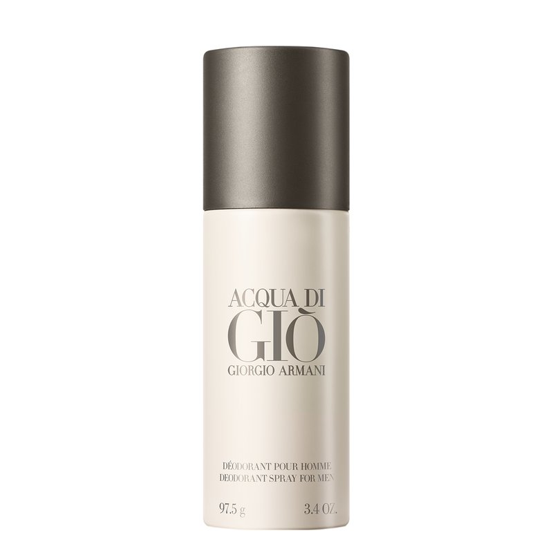 Déodorant en spray Giorgio Armani Acqua di Gio, contenant en crème cylindrique avec un capuchon gris foncé, étiqueté en texte noir et argent, 97,5g.
