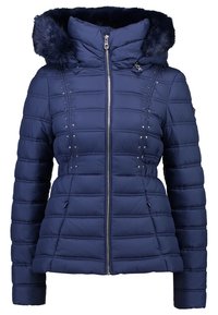 Tmavě modrá péřová bunda s kapucí s umělou kožešinou, zapínáním na zip, svislým prošitím, ozdobnými cvočky a elastickým pasem pro přiléhavý vzhled.