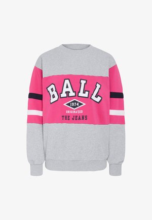 Gray and pink sweatshirt with a crew neck, featuring bold "BALL" text, "1974" detail, and navy accents on sleeves. Cotton material.