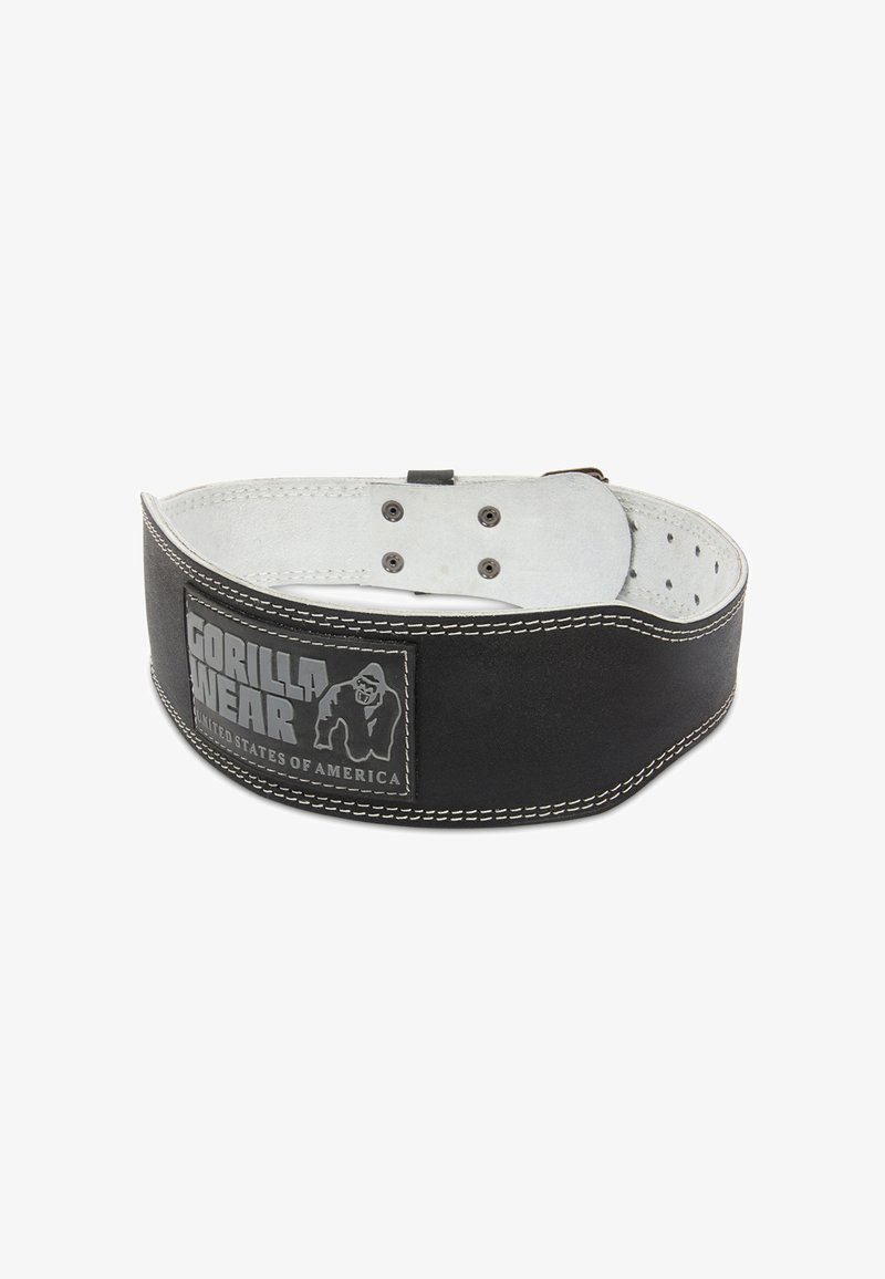 Ceinture de musculation en cuir noir avec des coutures blanches, dotée d'un patch logo. Conçue pour la durabilité et le soutien pendant les entraînements.