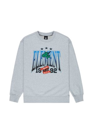 Světlounce šedá mikina s nápisem "ELEMENT" ve velkých modrých písmenách, grafikou dubového listu, třemi černými hvězdami a textem "1992 Atlanta USA" na přední straně.