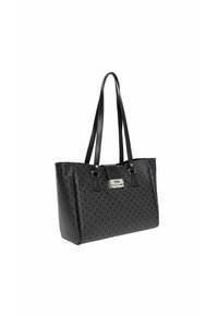 Borsa tote nera con esterno a motivo, doppio manico, hardware argentato e forma strutturata. Presenta una chiusura a pattina con dettaglio del logo.