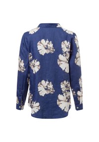 Blue linen shirt featuring large white floral patterns, long sleeves, a collar, and buttoned cuffs. Back view shown.