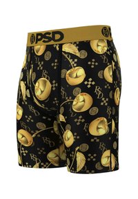 Čierne boxerky s vzorom zlatých čerešní a listov. Majú zlatý pás s logom "PSD". Tkanina je textúrovaná s lesklým povrchom.