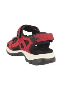 Raudoni sandalai su juodais tinkliniais akcentais, reguliuojamomis dirželiais ir masyviu baltu bei juodu padu. Turintys tekstūruotą paviršių ir išpjovų dizainą.