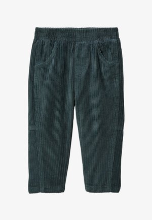 Pantalon en velours côtelé vert foncé avec des côtes verticales, taille élastique et deux poches latérales. Le tissu texturé ajoute de la profondeur au design.