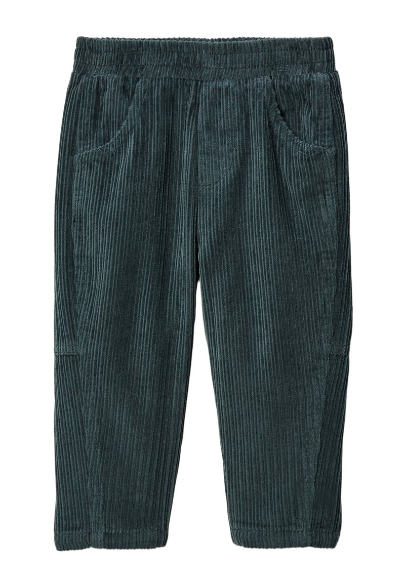 Pantalon en velours côtelé vert foncé avec des côtes verticales, taille élastique et deux poches latérales. Le tissu texturé ajoute de la profondeur au design.