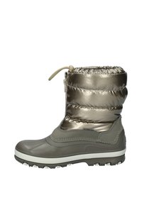 Isolierte Knöchelschuh in metallic Taupe, mit einer plüschigen Oberseite, Kordelzug oben, Gummisohle mit Profil und weichem Futter.