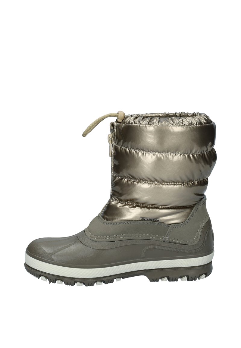 Isolierte Knöchelschuh in metallic Taupe, mit einer plüschigen Oberseite, Kordelzug oben, Gummisohle mit Profil und weichem Futter.