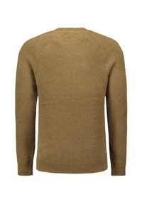 Bruine gebreide trui met een ronde hals, raglanmouwen en geribbelde manchetten. De textuur is glad met een iets losse weving.