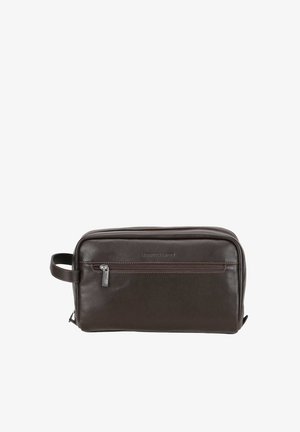Trousse de toilette en cuir marron foncé avec poche avant zippée, fermeture éclair supérieure et poignée latérale, fond uni.