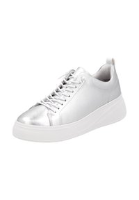 Silberne Schnürsneaker mit glatter metallischer Oberfläche, gepolstertem Schaft und strukturiertem weißen Gummisohle. Verfügt über minimalistische Designakzente.