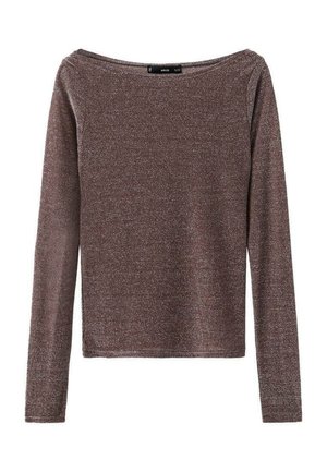 Hnědý dlouhý rukáv top s volným výstřihem, vyrobený z lesklé, strukturované tkaniny. Jednoduchý design bez vzorů nebo ozdob.