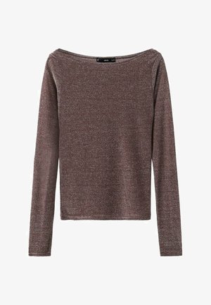 Hnědý dlouhý rukáv top s volným výstřihem, vyrobený z lesklé, strukturované tkaniny. Jednoduchý design bez vzorů nebo ozdob.