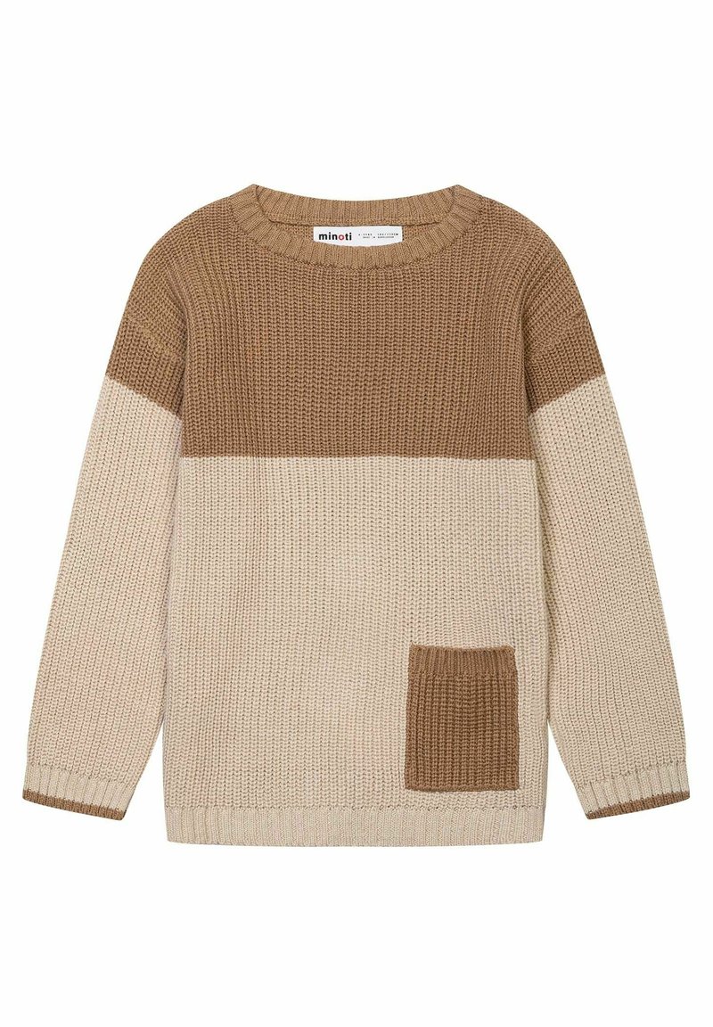 Pull en tricot marron et crème à manches longues, col rond et poche avant marron en bas à droite.