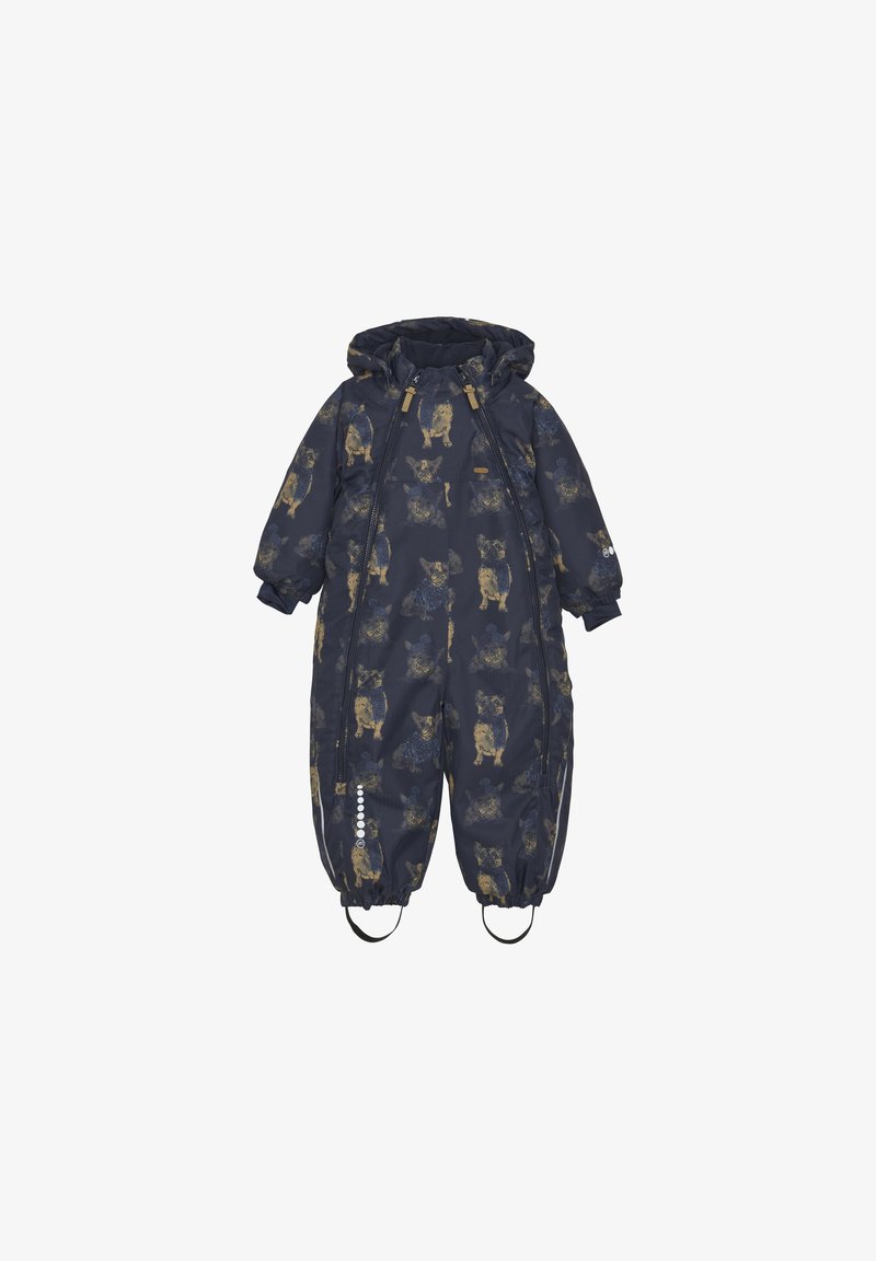 Marineblauw kinderen sneeuwpak met capuchon, voorzien van een hondenprint in gouden tinten. Geïsoleerd materiaal met elastische cuffs en beenbanden.