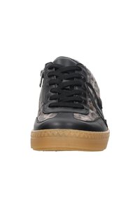Black leather and patterned upper sneaker with black laces, side zipper, and textured rubber sole. Features a stitched design and gum sole.