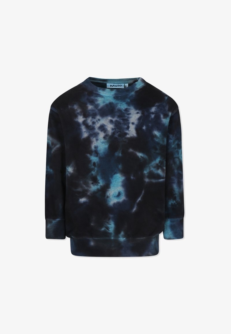 Sweatshirt à col rond tie-dye noir et bleu, avec des manches longues. Il présente des poignets et un ourlet côtelés, fabriqué en tissu doux.