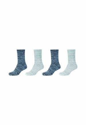 Four pairs of socks with a textured knit design. Colors include dark blue, light blue, and varied shades of grey. Crew-length style.