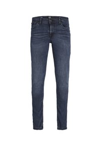 Vaqueros de denim azul oscuro con un corte Slim, cinco bolsillos y costuras en contraste. Presenta una cremallera en la bragueta y trabillas para el cinturón en la cintura.