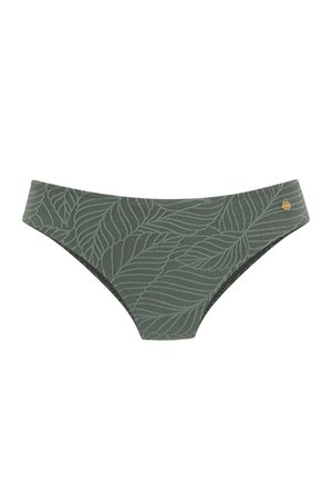 Dark green bikini bottom featuring a leaf-patterned texture, a mid-rise cut, and a subtle gold logo accent on the waistband.