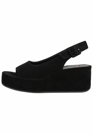 Zwarte suède sleehak sandaal met open teen en verstelbare enkelriem met gesp.