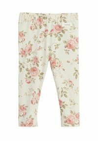 Bloemleggingen met een crèmekleurige achtergrond, bedekt met roze en groene rozenpatronen. Gemaakt van zachte stof met een elastische tailleband.