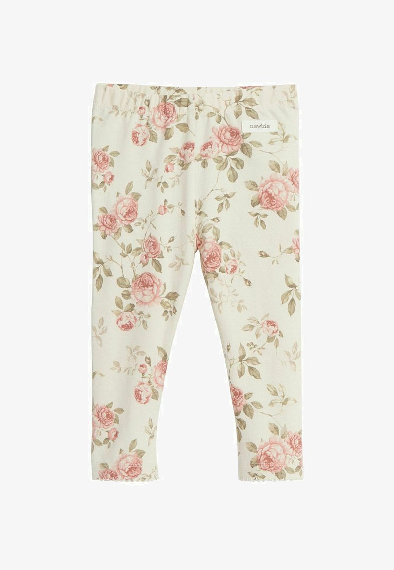 Bloemleggingen met een crèmekleurige achtergrond, bedekt met roze en groene rozenpatronen. Gemaakt van zachte stof met een elastische tailleband.