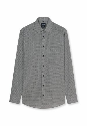 Chemise homme à manches longues avec petit motif géométrique noir et blanc et une poche poitrine.