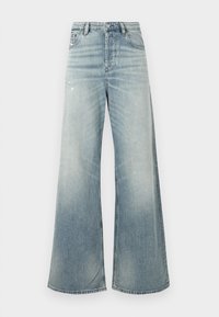 Høytlivete lyseblå denimjeans med vide ben, knapp foran og lett falming på lår og knær.