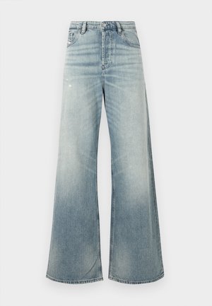 High-waisted light blue denim jeans with wide legs, front button, and slight fading on thighs and knees.