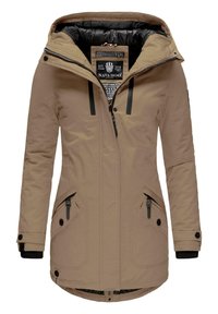 Tan parka jacket with a black insulated hood, two side pockets, front zipper, and decorative stitching. Features contrasting black hardware.