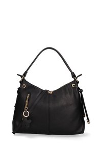 Sac à main en cuir noir avec une finition texturée, quincaillerie dorée, fermeture éclair, bandoulière réglable et un porte-clés décoratif.