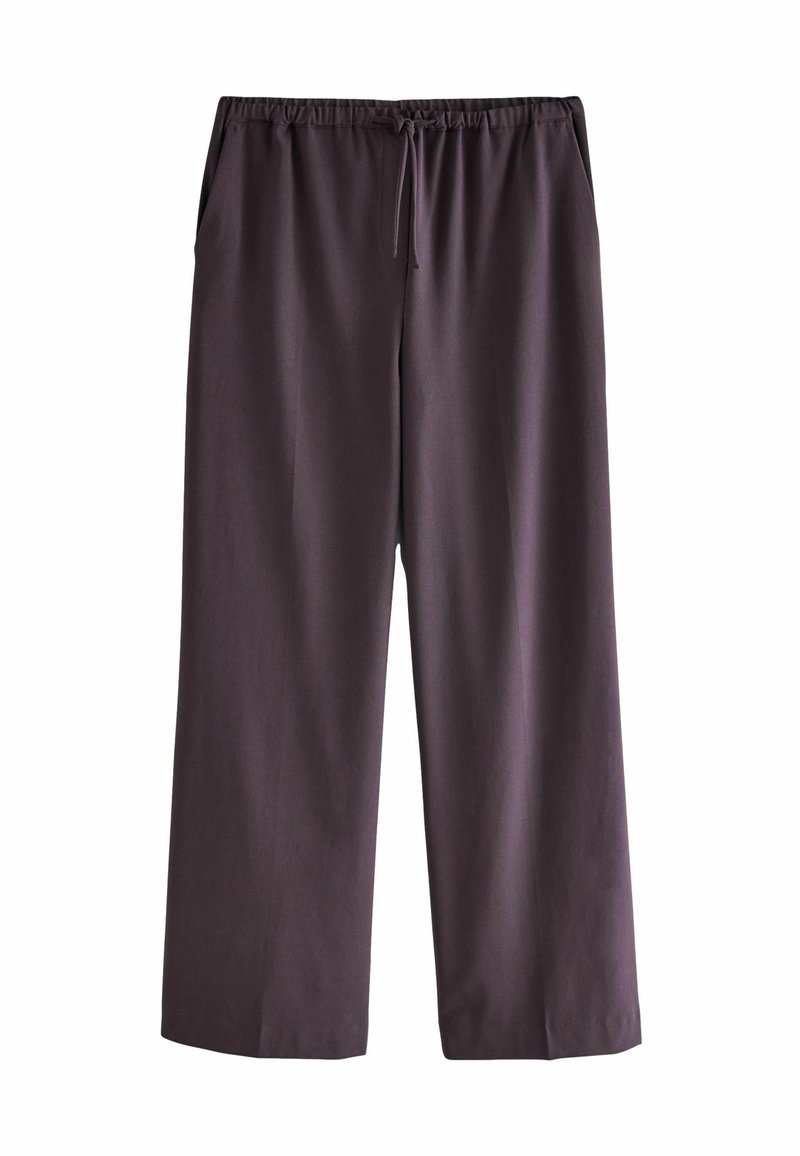 Pantalon ample violet foncé avec taille élastique et cordon de serrage, doté de poches latérales et de jambes larges et droites.