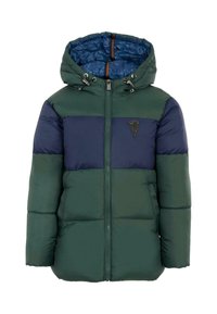 Giacca imbottita verde e blu navy, con cappuccio, chiusura a zip e logo sul petto. Tessuto liscio con design trapuntato e due tasche laterali.
