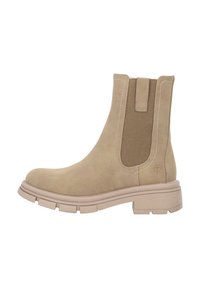 Botín de ante beige hasta el tobillo con paneles laterales elásticos, punta redonda y suela de goma texturizada. Presenta costuras en contraste en blanco y una pestaña para tirar.