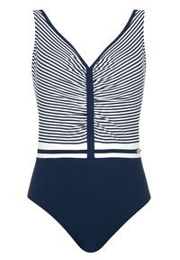 Costume da bagno intero blu navy con righe orizzontali bianche, scollatura a V, parte frontale arricciata e parte inferiore blu navy a tinta unita. Presenta un dettaglio con logo all'anca.