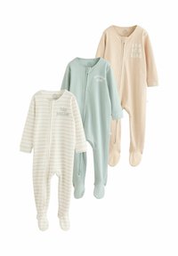 Tři dětské svetry na spaní v pastelově zelené, krémové pruhované a světle béžové s bílými puntíky. Mají přední zipy a design s ponožkami.