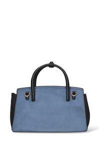 Borsa a tracolla in camoscio blu con dettagli neri, design strutturato, due manici superiori e ferrature circolari. Texture liscia con colori a contrasto.