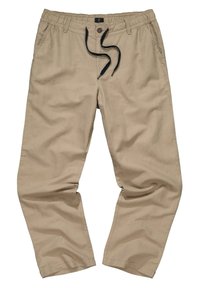 Pantalons beige à taille élastique avec un cordon de serrage noir, poches latérales et coupe décontractée, fabriqués à partir d'un tissu léger adapté à un usage décontracté.