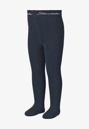Schwarze Strumpfhosen aus gestricktem Material mit einem strukturierten Muster, verstärkten Zehen und einem elastischen Gürtel, auf dem der Markenname in weißer Schrift steht.