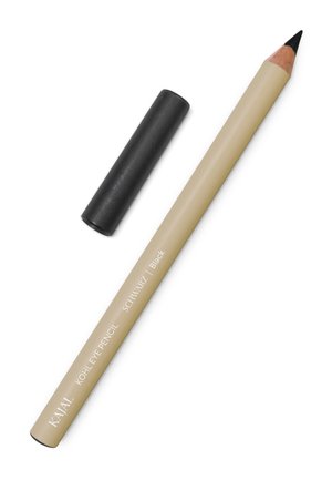 Beige kajal kohl eye pencil with black tip and black cap removed, placed next to pencil on white background.